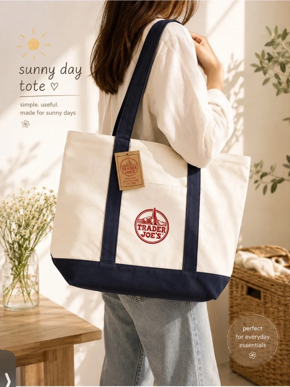 Trader Joe's Large Cream and Navy Canvas Tote Bag